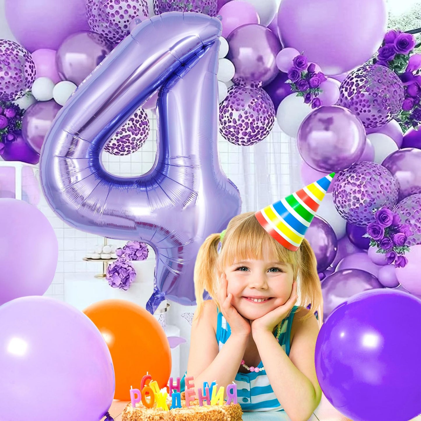 Purple Number 4 Balloon 40 Inch, Big Large Foil Helium Number Balloons, Giant Mylar Number 4 Balloons For 4 Year Old Birthday An