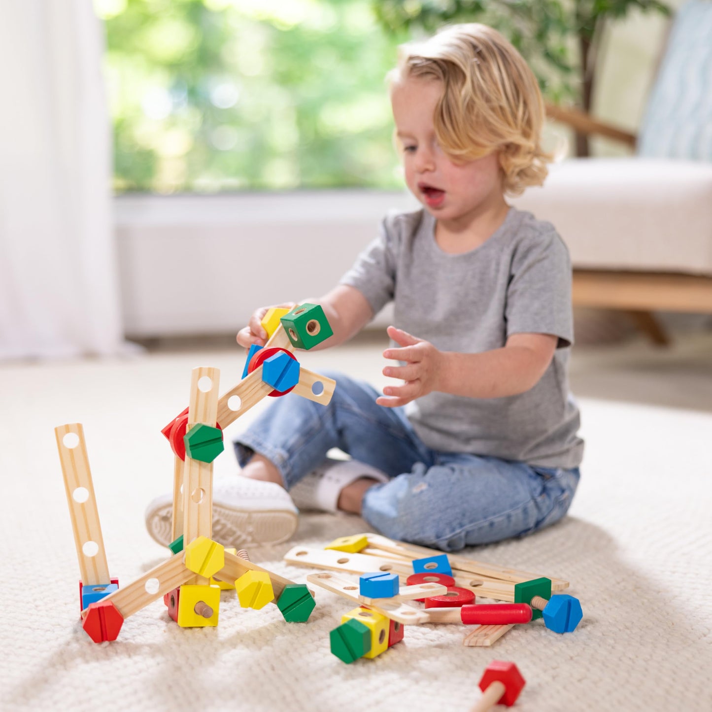Melissa & Doug Wooden Construction Building Set - 48 pcs, Multicolor, Model 5151, Natural Wood