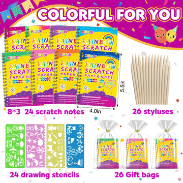 Pigipigi Party Favor Toy For Kids: 24 Pack Rainbow Art Scratch Notebook, Colorful Craft Scribble Paper Magic Black Drawing Pad Kit, Activity Gift Set For Girl Boy Children Birthday Christmas