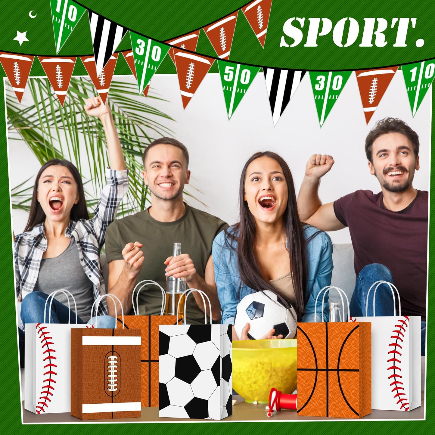 24 Pieces Sports Party Favor Bags Football Party Goodie Bag Sport Party Gift Bags with Handles for Soccer Baseball Basketball Fo