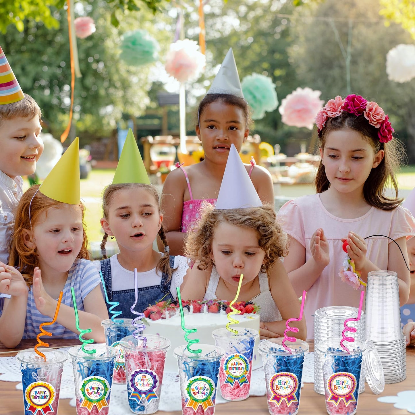 Qinyoung 24 Set Creative Happy Birthday Gifts from Teacher Students Birthday Cups with Lids Colorful Straws Stickers and Raffia