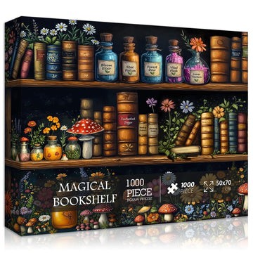 Magic Bookshelf Puzzles for Adults 1000 Pieces, Vintage Book Wildflower Pages Jigsaw Puzzle 1000 Pieces, Plant Floral Potion Mus