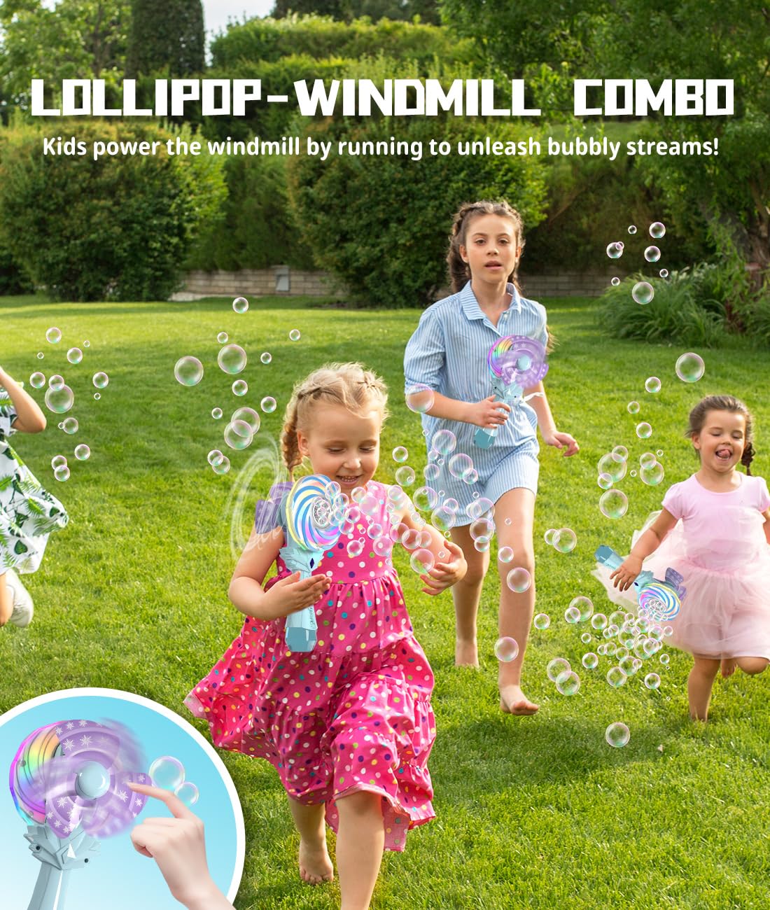 Bubble Wand - Rechargeable Bubble Machine for Kids with Color-Changing Lights & Windmill Lollipop Design - Gifts Toys Ages 3+ fo
