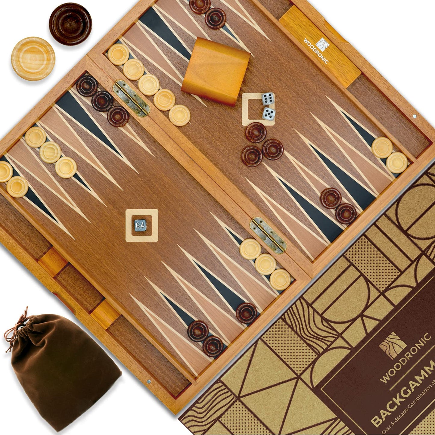Woodronic 15' Wooden Backgammon Set, Folding Classic Board Game, Best Strategy Game And Smart Game Of Tactics For Kids And Adults