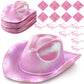 JaGely 24 Pieces Pink Cowgirl Hat Light Up LED Cowboy Hat with Heart Sunglasses and Bandanna Set for Halloween Costume Cosplay