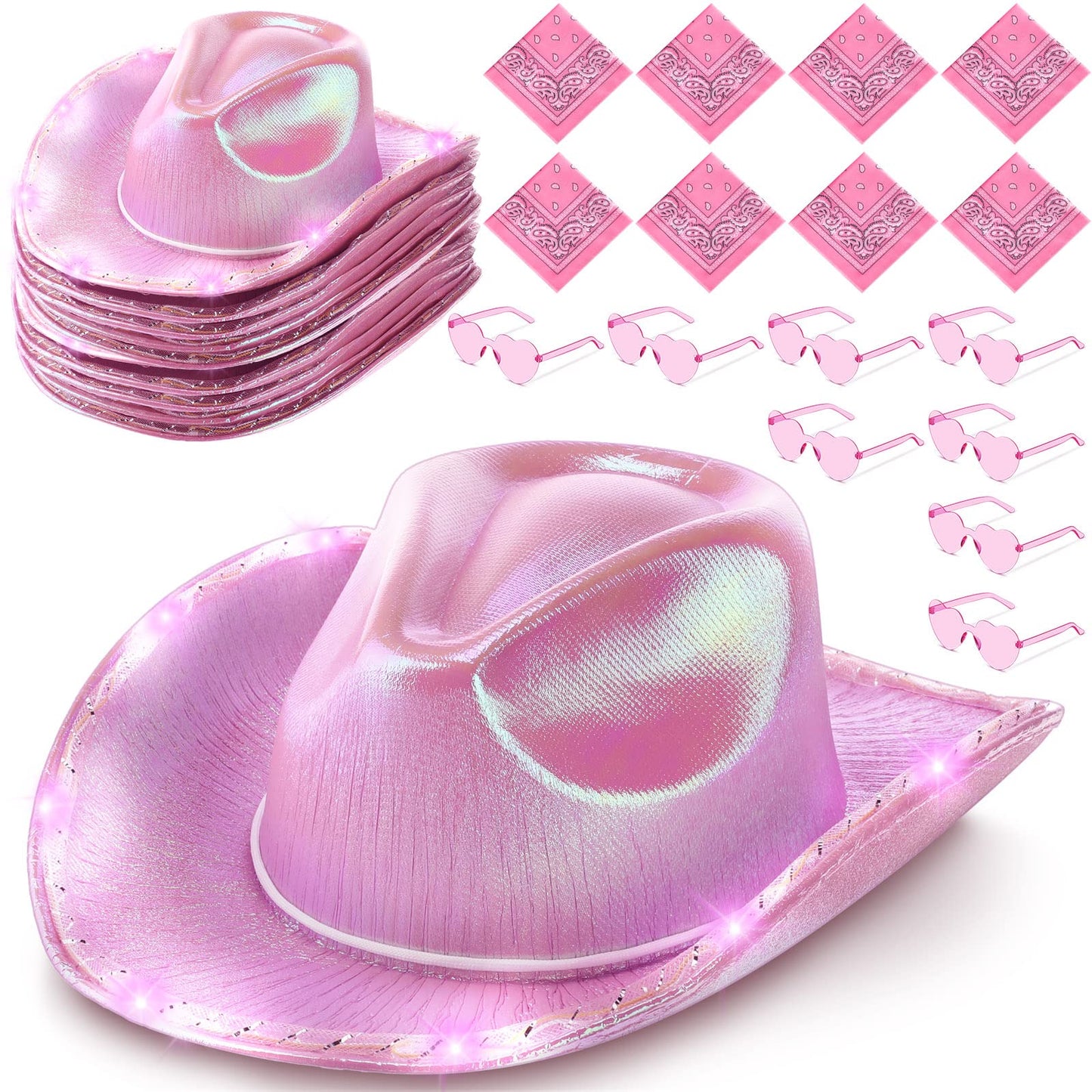 JaGely 24 Pieces Pink Cowgirl Hat Light Up LED Cowboy Hat with Heart Sunglasses and Bandanna Set for Halloween Costume Cosplay