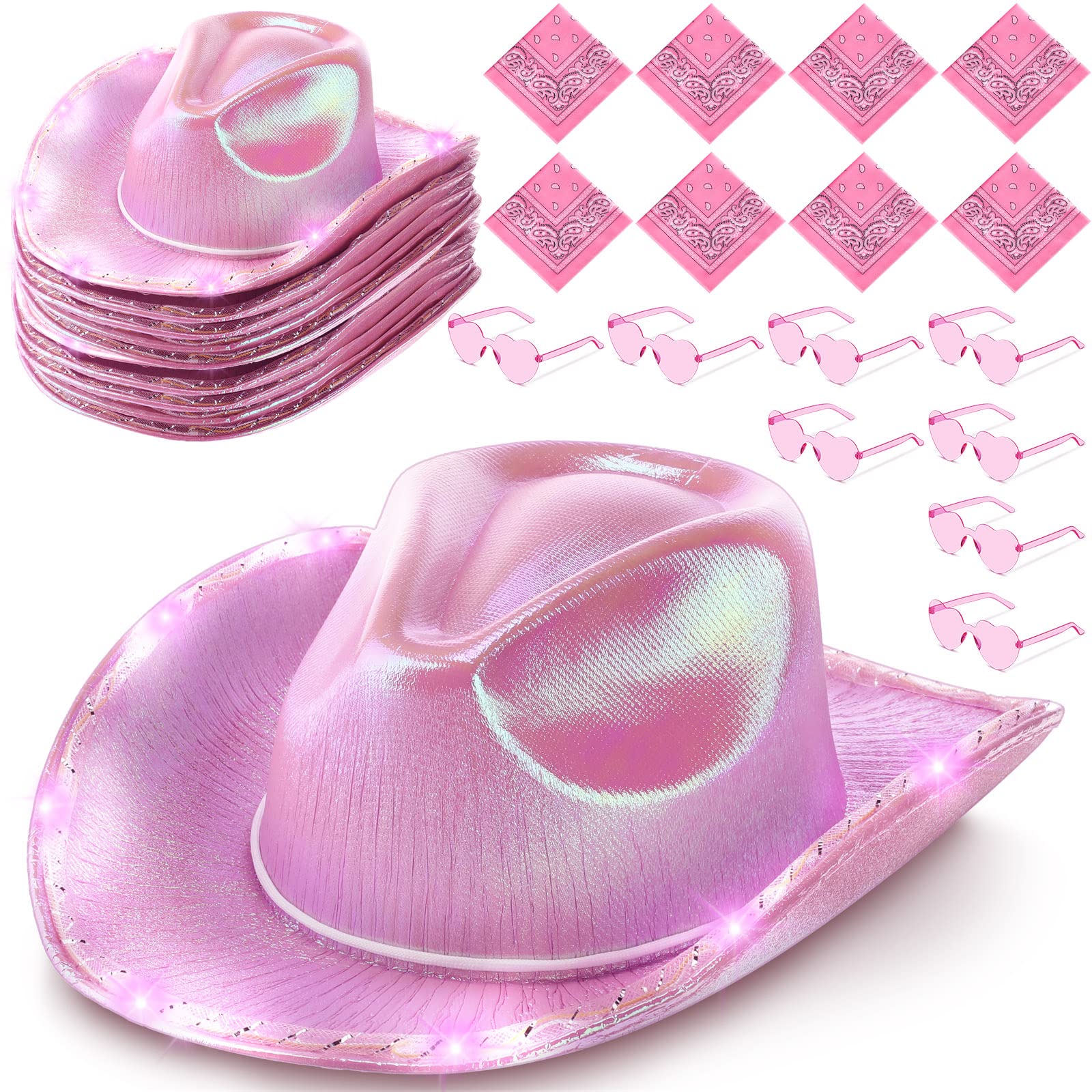 JaGely 24 Pieces Pink Cowgirl Hat Light Up LED Cowboy Hat with Heart Sunglasses and Bandanna Set for Halloween Costume Cosplay