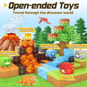 Dinosaur Toys Magnetic Blocks-Build Mine Magnet World Volcano Edition Kids Toys For 3+ Year Old Boys And Girls Building Blocks Toddler Toys Games Through Jurassic Learning Sensory Toys Gifts