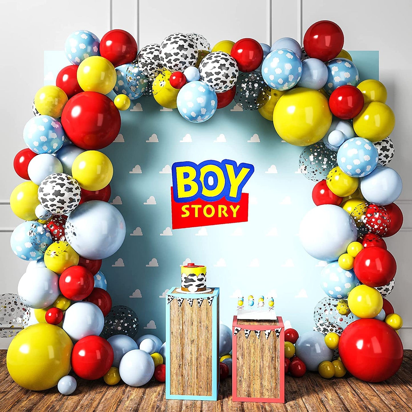 House Of Party Boy Story Balloons Garland Kit - 160 Pcs | Cow Pattern Cloud Yellow Red Blue Confetti Latex Balloons For Kids | B