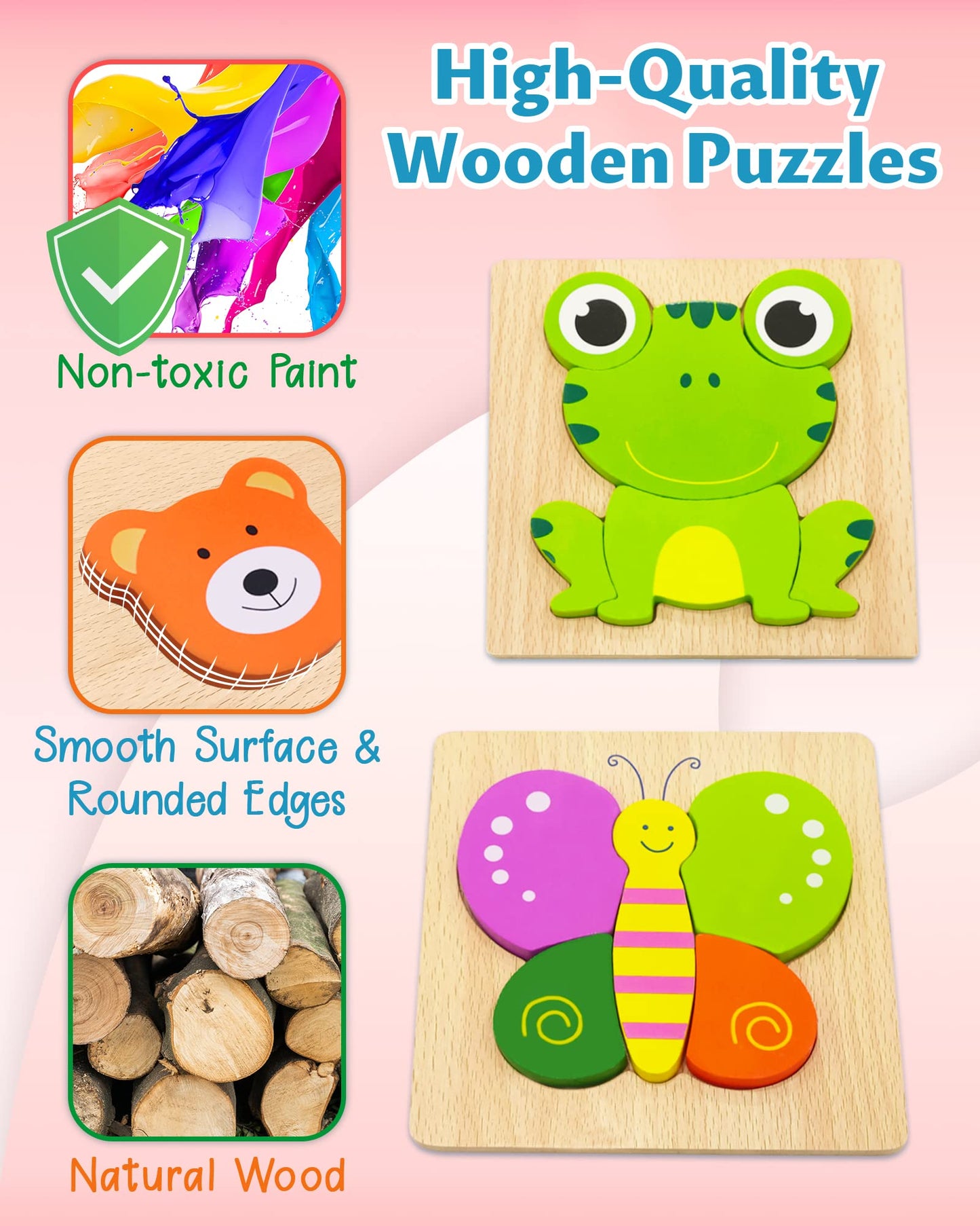 Bekayshad Wooden Puzzles Toddler Toys Gifts For 1 2 3 Year Old Boys Girls, Animal Jigsaw Puzzles Montessori Toys, Learning Educational Christmas Birthday Gifts For Girls Boys Ages 1-3
