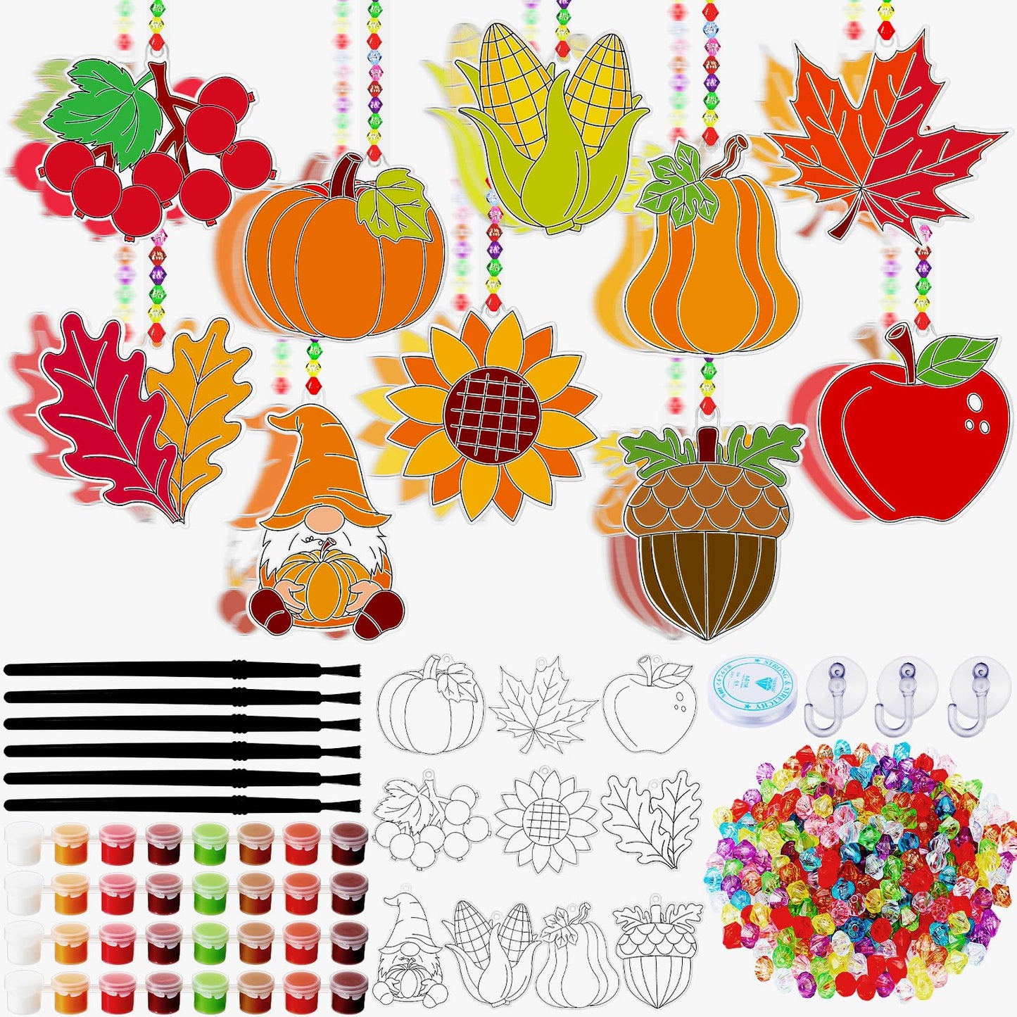 Beeveer 30 Sets Fall Plant Suncatchers Art Kits DIY Thanksgiving Pumpkin Maple Leaf Acorn Suncatcher Crafts Paint Your Own Windo