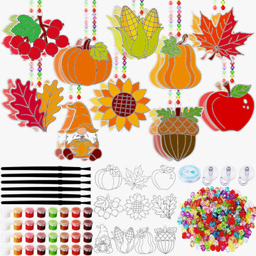 Beeveer 30 Sets Fall Plant Suncatchers Art Kits DIY Thanksgiving Pumpkin Maple Leaf Acorn Suncatcher Crafts Paint Your Own Windo