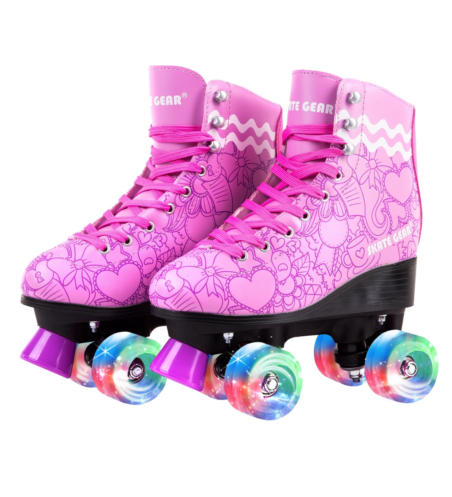 Skate Gear Extra Support Quad Roller Skates For Kids And Adults (Graphic Purple W Led, Youth 2)
