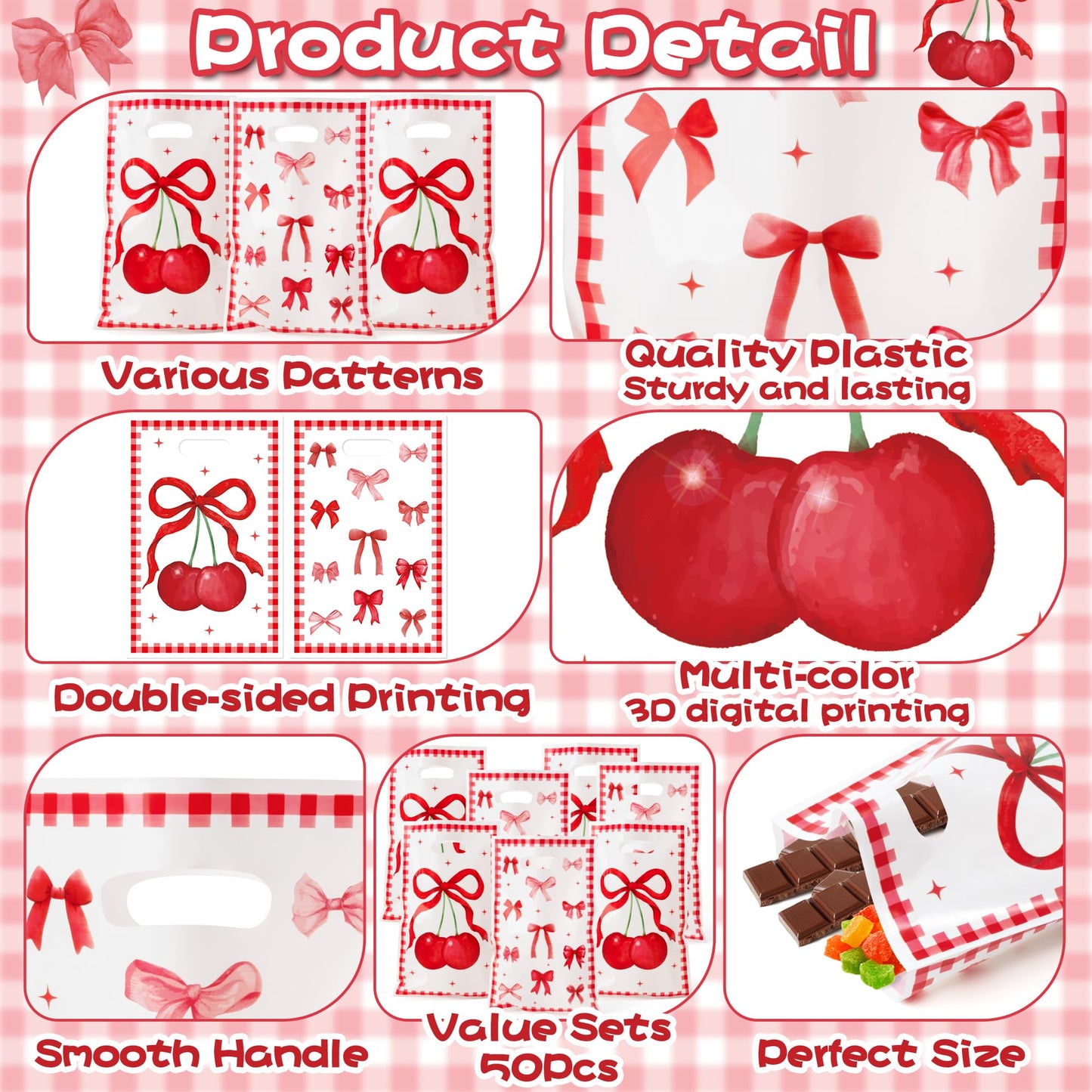 ArianQicult Bow Party Favor Bags - 50Pcs Red Cherry Goody Candy Treat Gifts Bags Coquette Bow Party Decorations for Birthday Wed