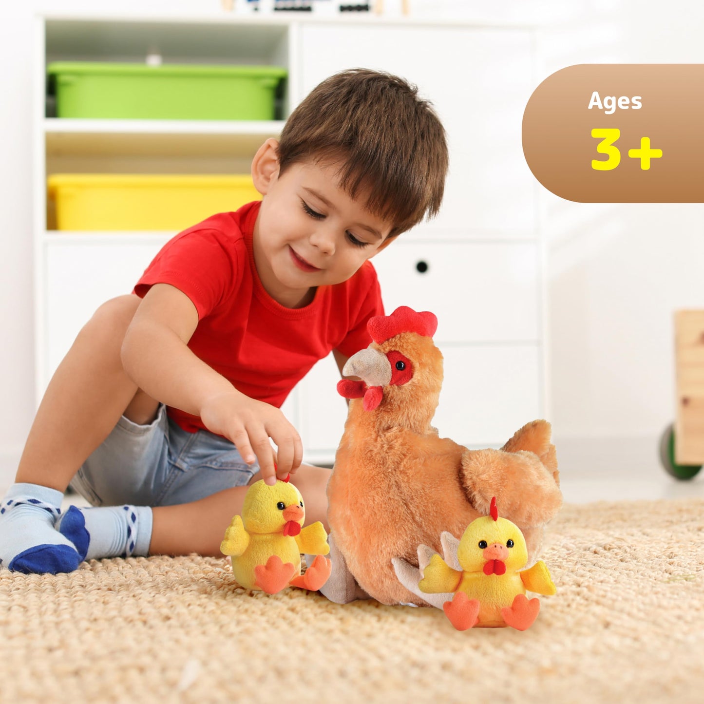 PREXTEX Plush Hen Toy with Two Plastic Easter Eggs & Baby Chicks - 17" Brown Plush for Kids 3-5 Years Old