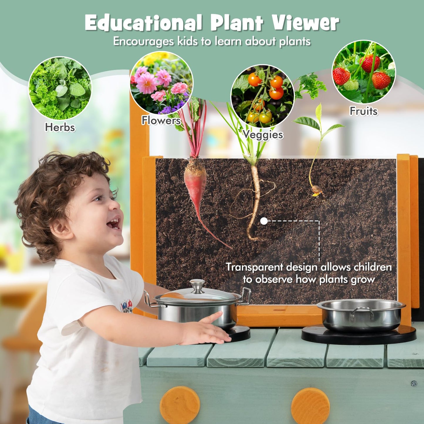 Costzon Mud Kitchen, Wooden Kids Kitchen Playset With See-Through Planter Box, Blackboard, Stoves, Sink & Faucet, Cooking Access