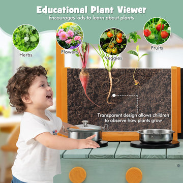 Costzon Mud Kitchen, Wooden Kids Kitchen Playset With See-Through Planter Box, Blackboard, Stoves, Sink & Faucet, Cooking Access