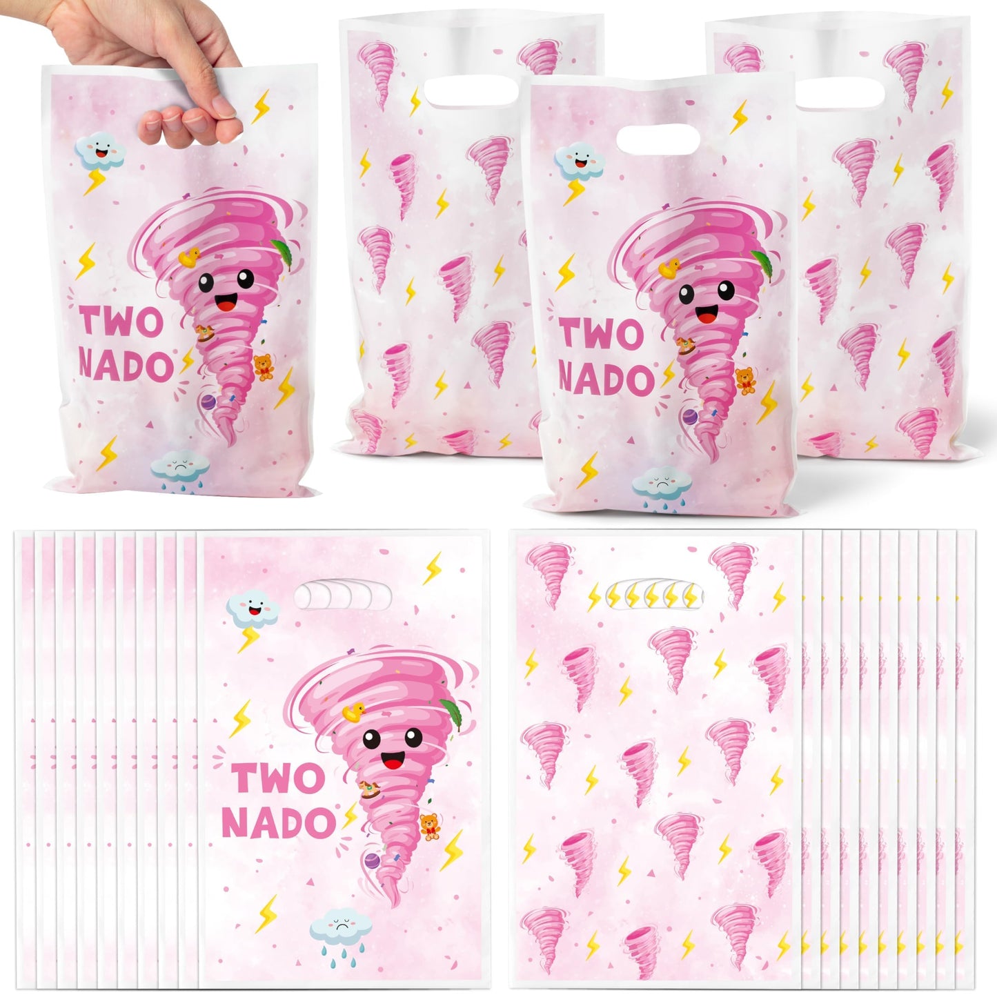 ArianQicult Two Nado Party Favor Bags - 50Pcs Pink Tornado Patterns Goody Candy Treat Gifts Bags, Cute Two Nado Themed Kid Party