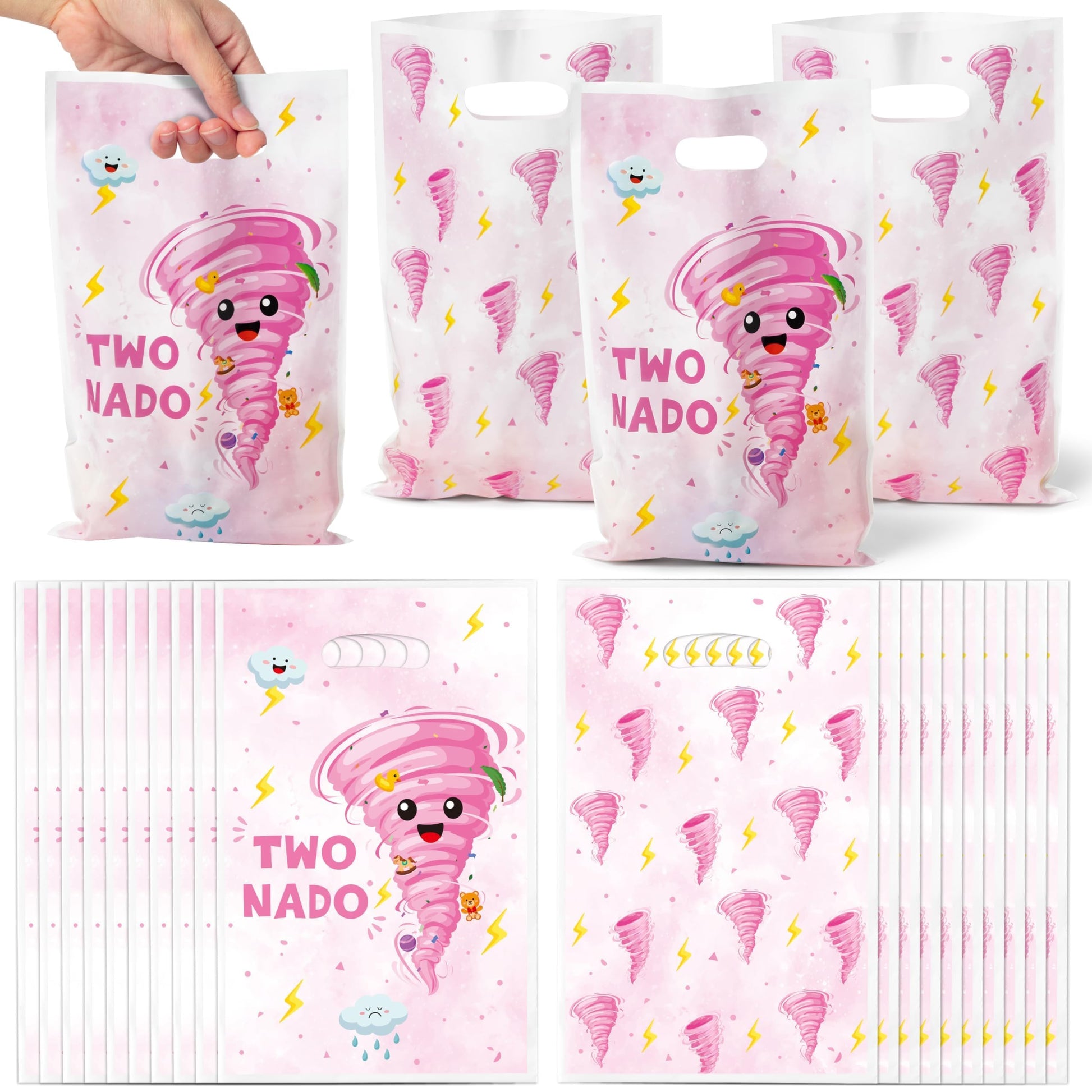 ArianQicult Two Nado Party Favor Bags - 50Pcs Pink Tornado Patterns Goody Candy Treat Gifts Bags, Cute Two Nado Themed Kid Party