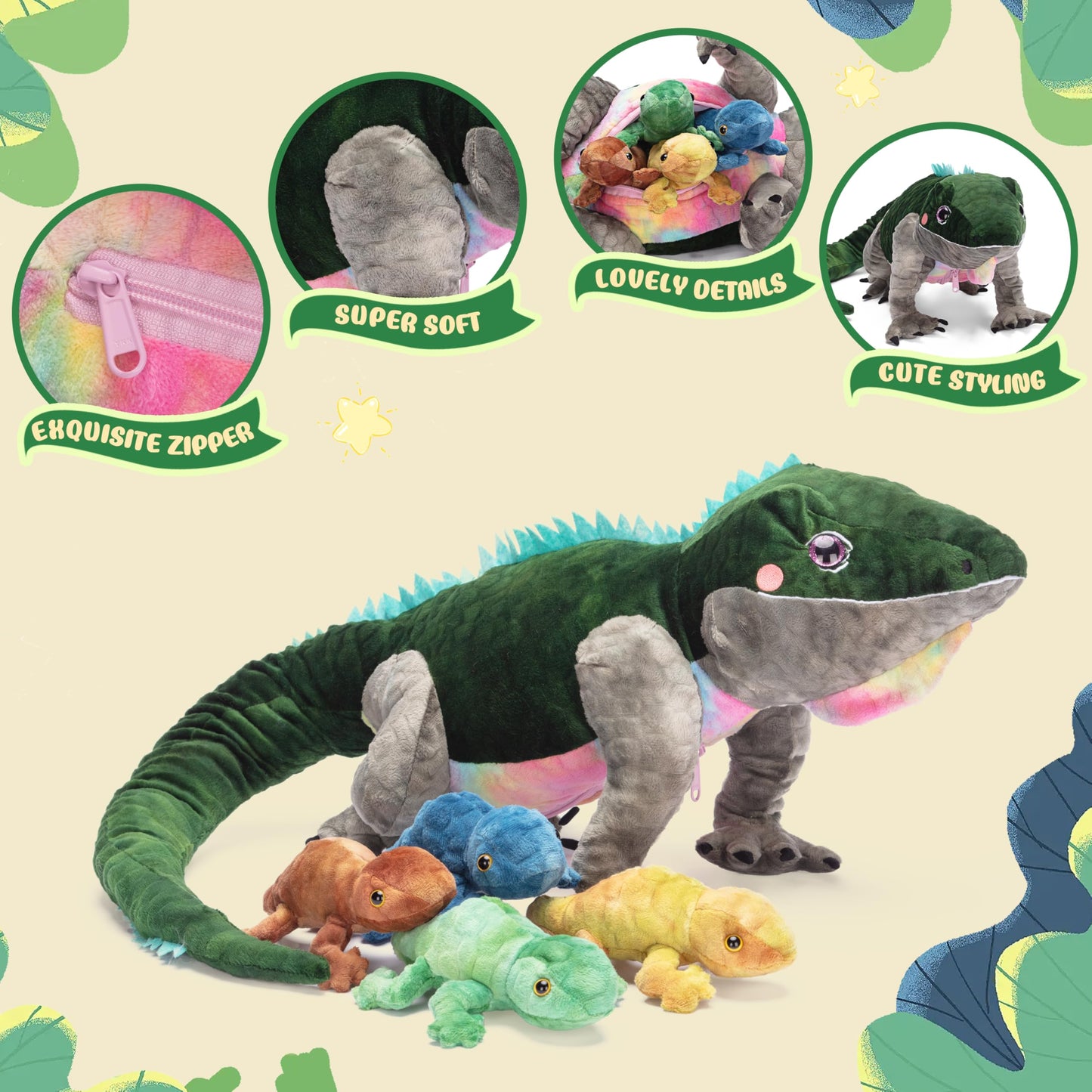 Ikasa Mom Lizard Stuffed Animal Plush Toy, 28'' Cute And Soft Family Set With Mini Babies, Christmas Or Birthday Gifts For Child