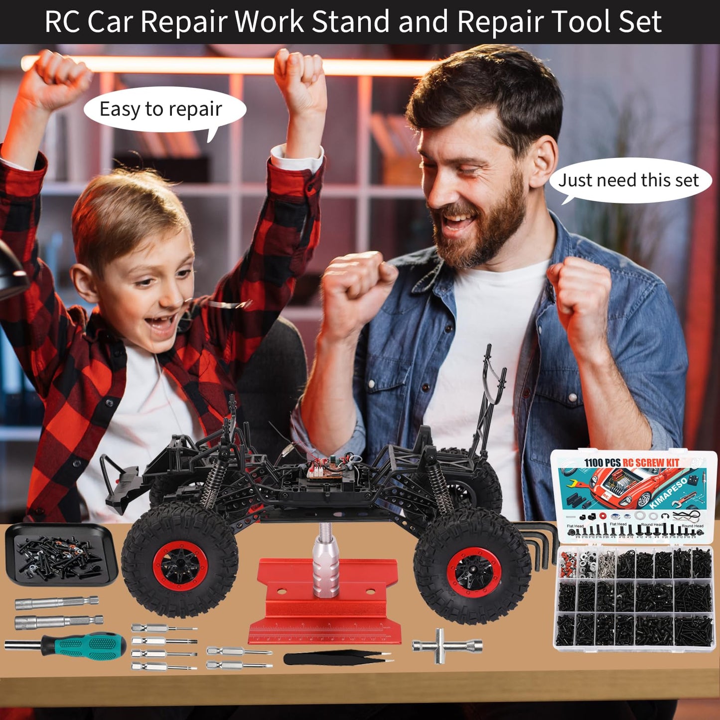 RC Car Repair Work Stand, 1100pcs RC Screw Kit and RC Screwdrivers Repair Set for Traxxas Axial Redcat Arrma HPI HSP SCX10 RC4WD