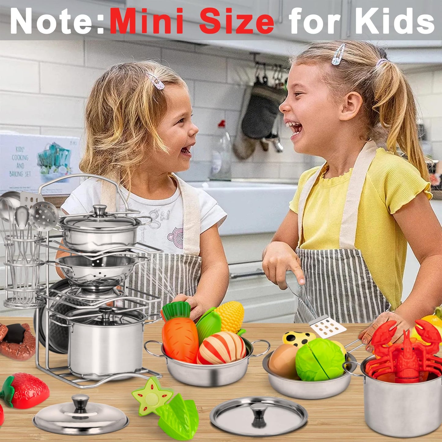 12Pcs Kids Pots and Pans Playset, Pretend Play Kitchen Set Toy Stainless Steel Pots and Pans Cooking Toys Accessories for Kids T
