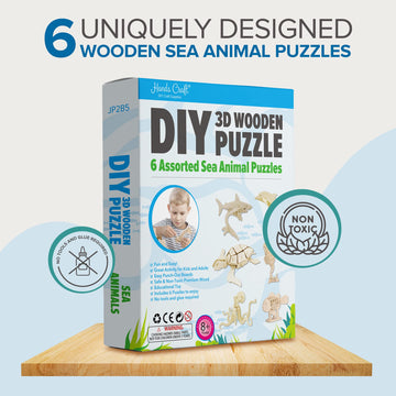 Hands Craft Diy 3D Wooden Puzzle - 6 Assorted Sea Animals Bundle Pack Set Brain Teaser Puzzles Educational Stem Toy Adults And K