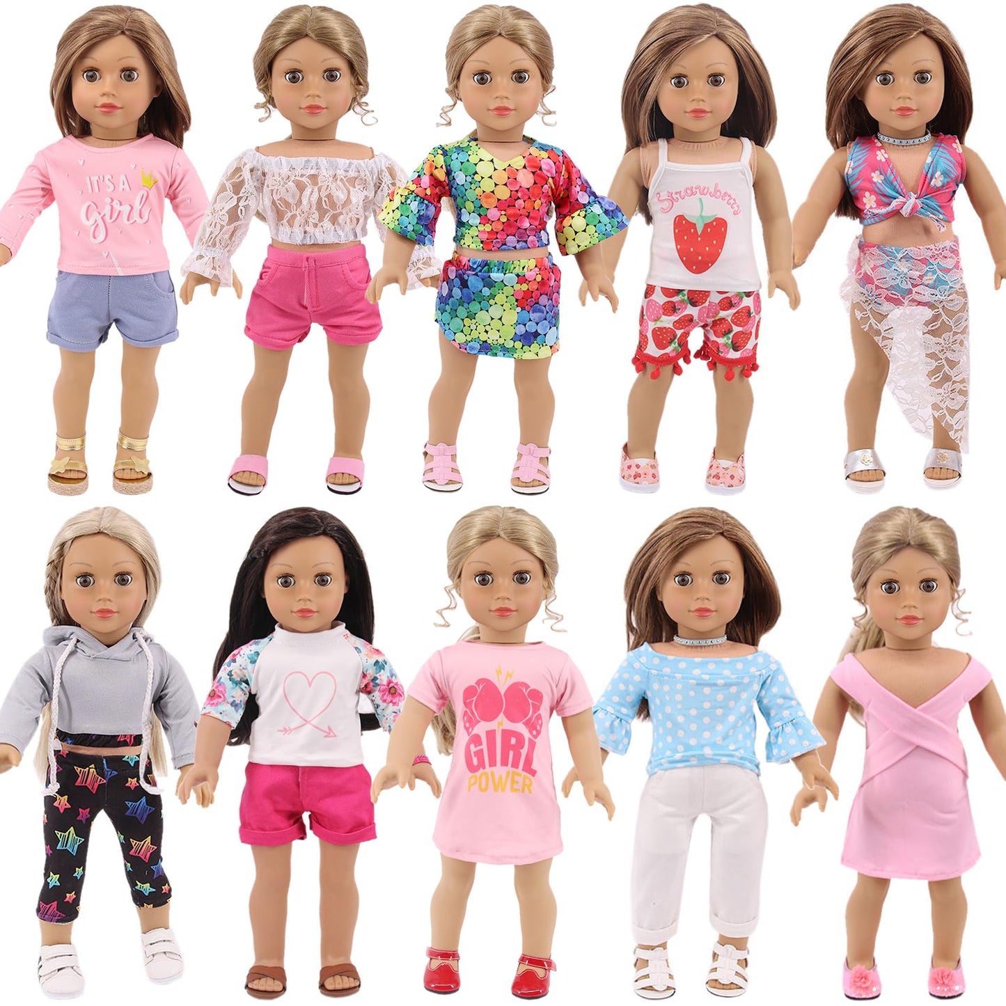 18 Pcs American 18 Inch Doll Clothes,10 Sets Girl Doll Clothing And Accessories Outfits For 18 Inch Girl Doll,Including Dress,Shorts,Swimsuits (No Doll)