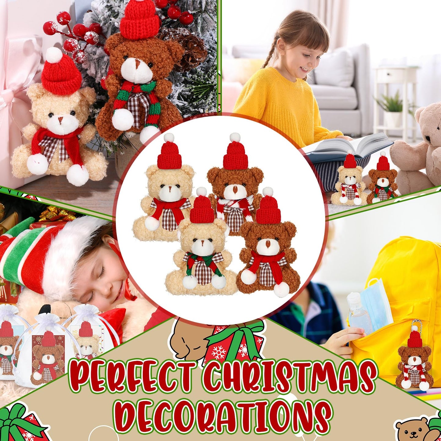 Poen 24 Set Christmas Gift 4 Inch Mini Christmas Stuffed Plush Bear With Santa Hat Scarf Christmas Cards Organza Bags Xmas Stuff