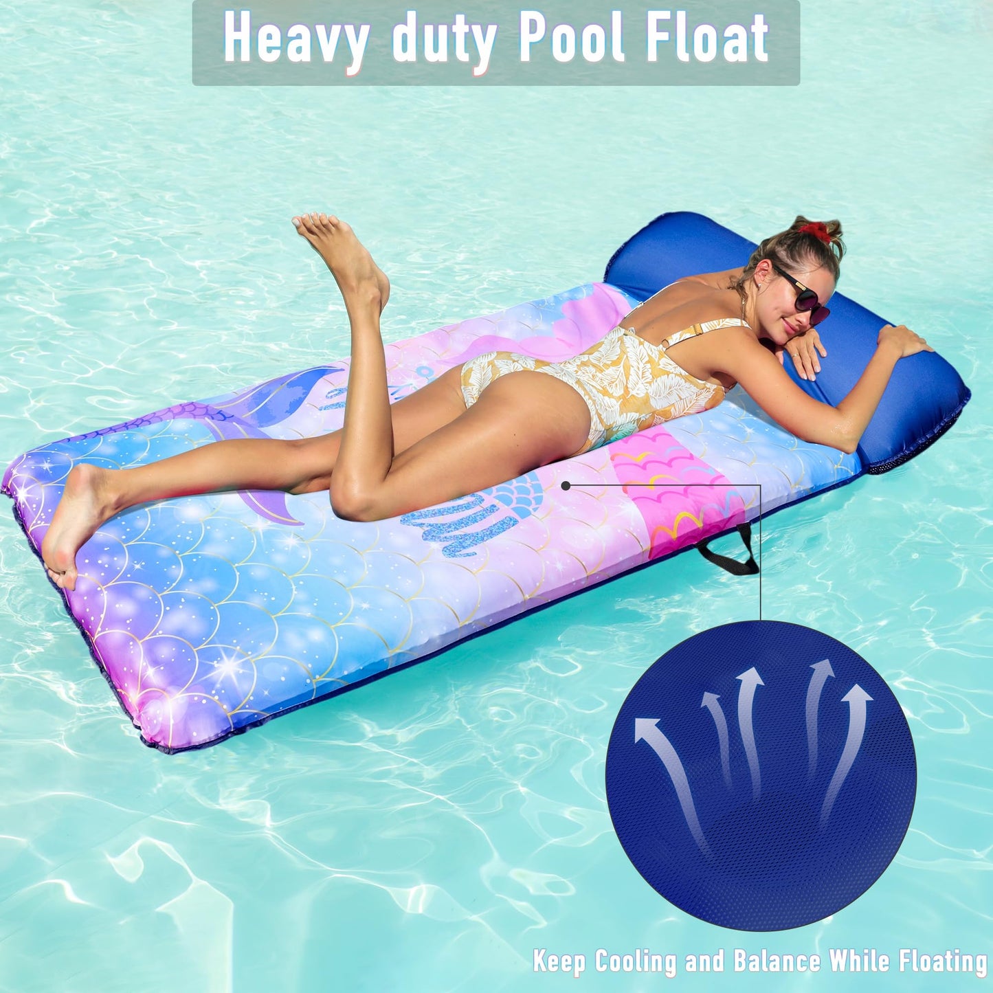 FindUWill Oversized Pool Floats mature-themed  72 X 37 X-Large Fabric Covered Pool Float Lounger with Headrest  Pool Floaties Raft Heavy Duty for Vacation (Mermaid)