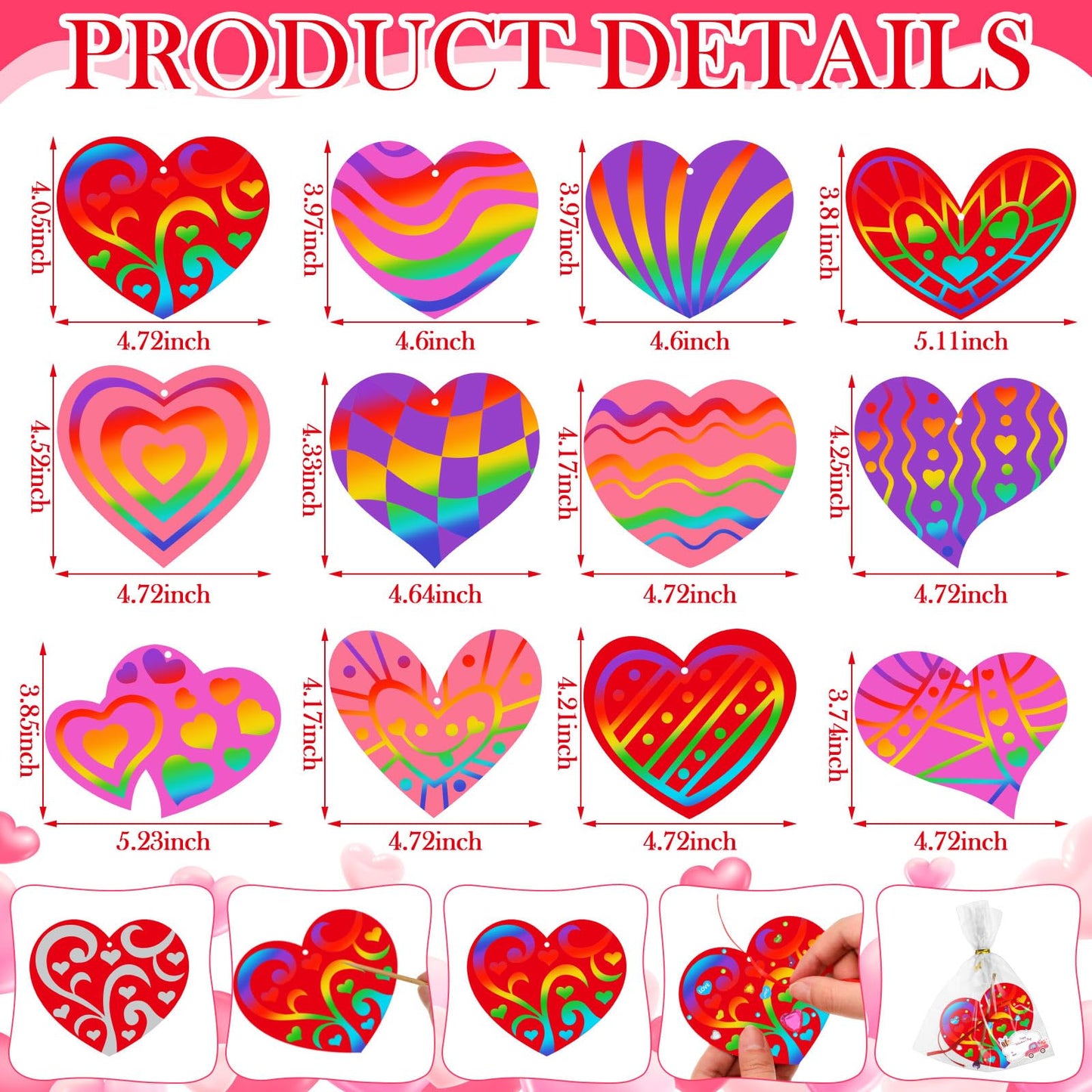 Kolldenn 96 Pcs Valentines Day Scratch Paper Ornaments Heart Scratch Off Cards Ornament Rainbow Art DIY Scratch Off Paper for K