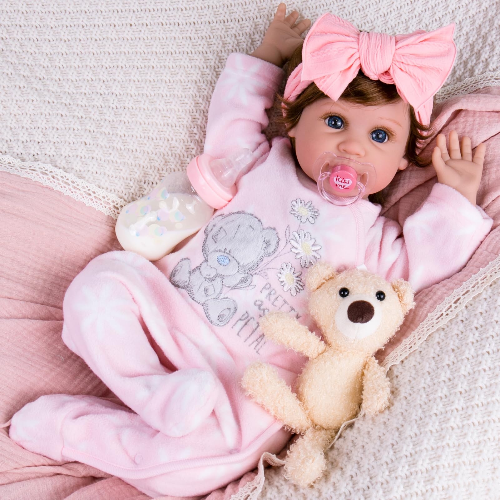 Aori Reborn Baby Dolls 22 Inch Realistic Girl - Lifelike Weighted Newborn Toddler with Feeding Bottle & Magnetic Pacifier  Handapplied Wig Hair  Soft Body  Gift for Kids 3+ Collectors