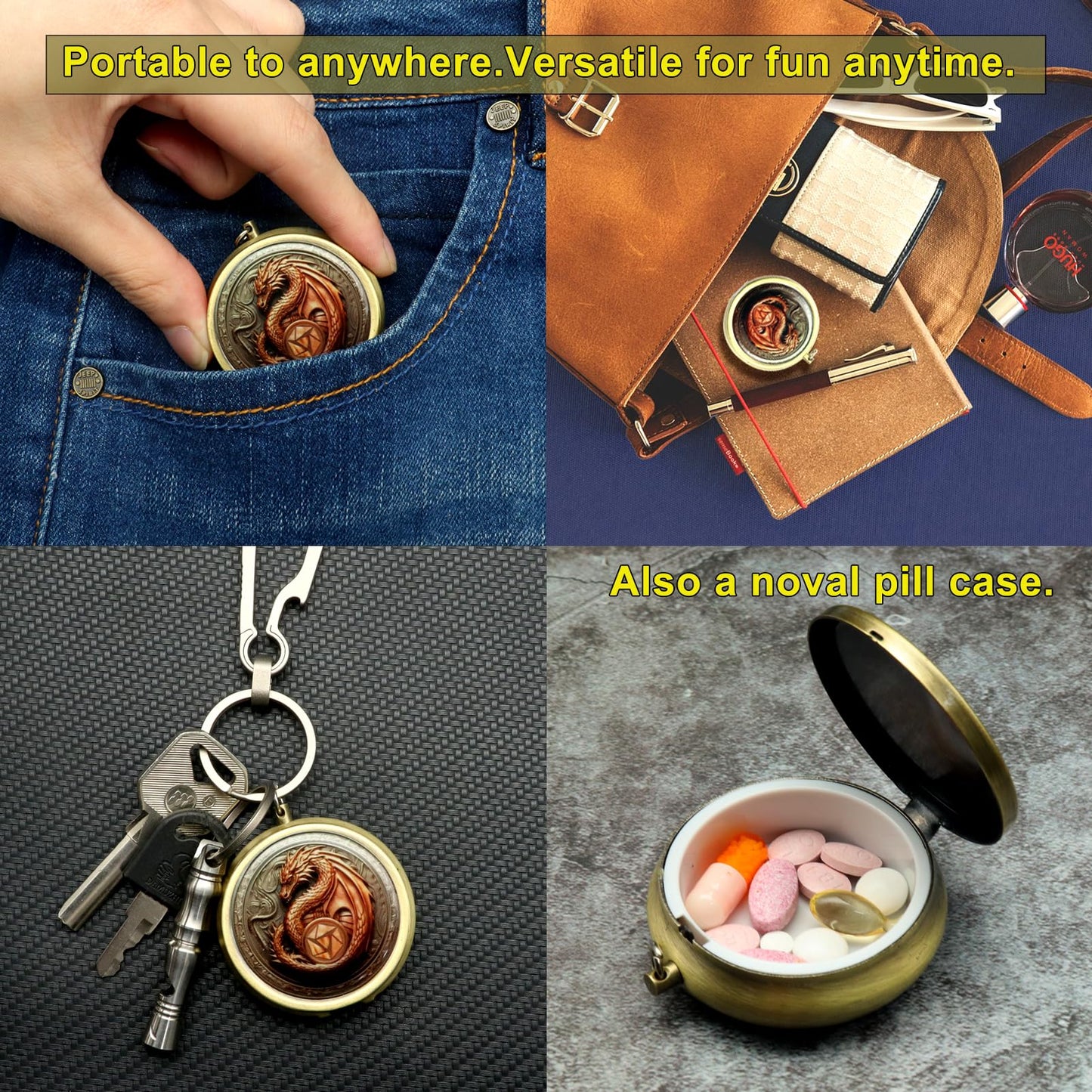 Haxtec Mini Dice Set with Keychain Dice Case 10mm Mini Metal DND Dice Antique Copper Metal Dice Set D&D Portable 7PCS Dice Set D