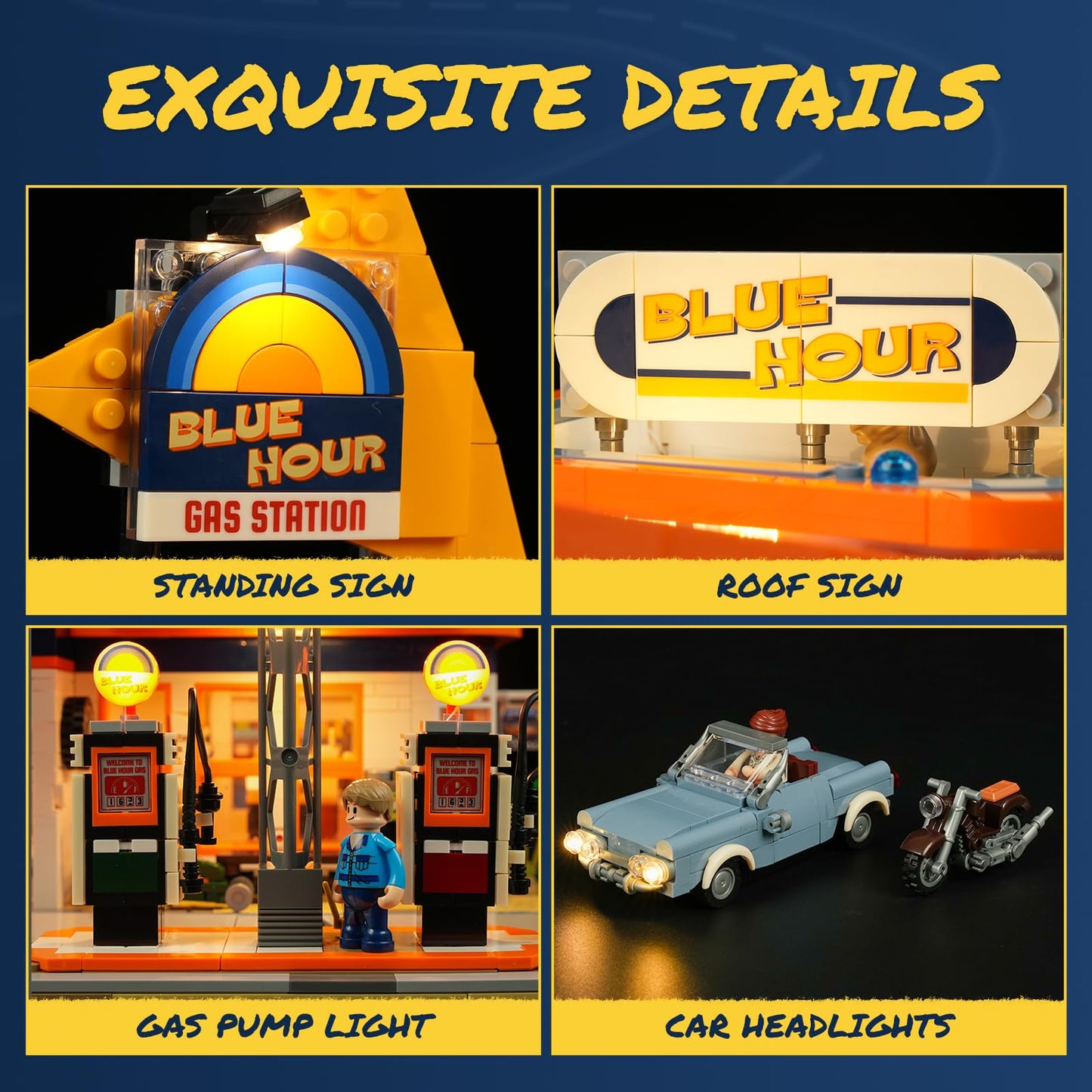 FUNWHOLE City Gas-Station Building Bricks Set - 1608 Pcs Modular Car Service Station - LED Light - Large - Model F9065-MT-EU
