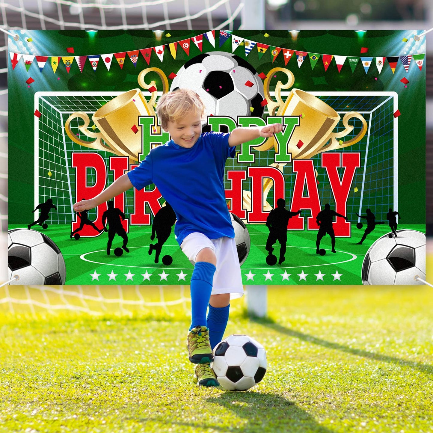 durony Soccer Party Backdrop - 70.8x43.3" Polyester Birthday Banner, Black/Orange/Yellow, Model DY0661