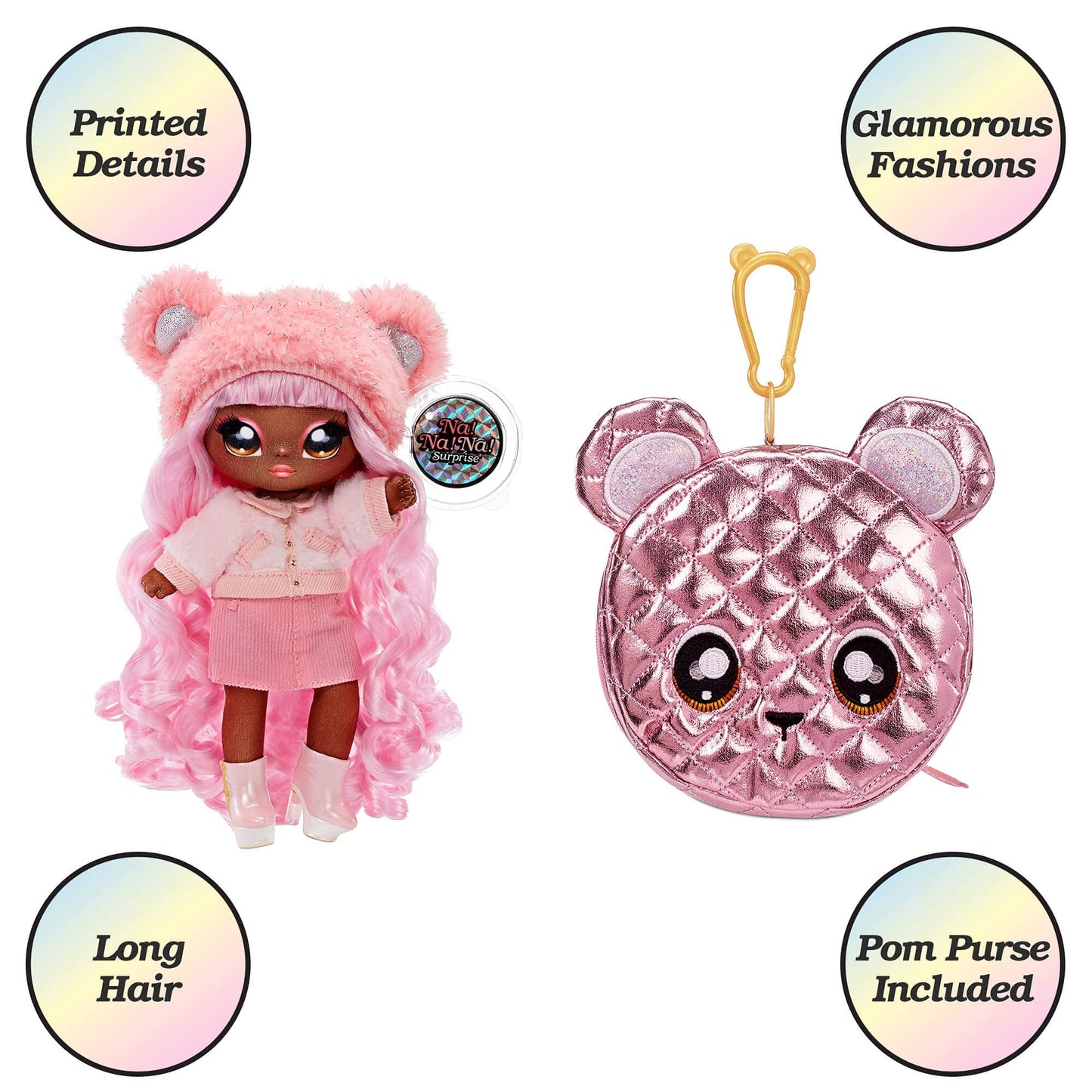 Na! Na! Na! Surprise Glam Series Cali Grizzly Fashion Doll And Metallic Bear Purse, Pink Hair, Cute Fuzzy Hat Outfit & Accessories, 2-In-1 Kids Gift, Toy For Girls And Boys Ages 5 6 7 8+ Years
