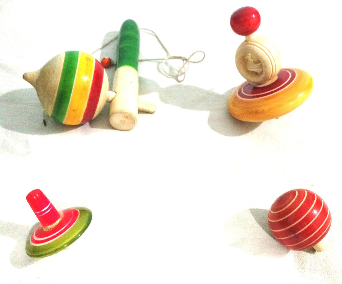 Crafts India Handcrafted channapatna Wooden Tops Hand Spinners , lattu ,bugri Dolls / Toys Combo Set  4pcs