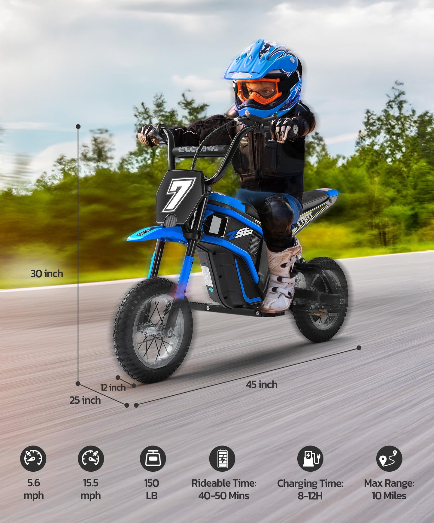 Elemara Electric Dirt Bike,350W Motorcycle For Kids With Tail Lights,Music & Bluetooth,15.5 Mph & 150Lb Max,Chain-Driven Motor,
