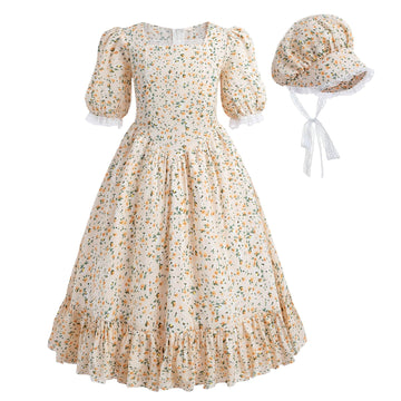 Nuoqi Prairie Dresses for Girls, Pioneer Girl Costume Girls Colonial Dress Girls 4-5, Orange Pink, Small