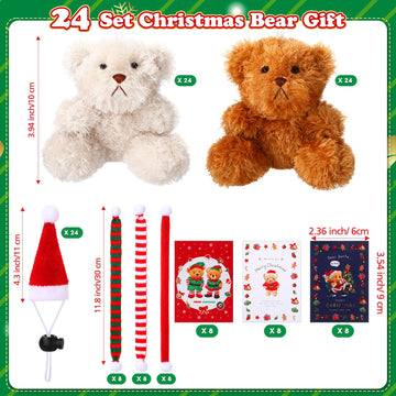 Foilswirl 24 Sets Christmas Mini Plush Bear 4 Inch Stuffed Animal Bulk Small Soft Bear Toys With Santa Hat Scarf Cards Gift Bags