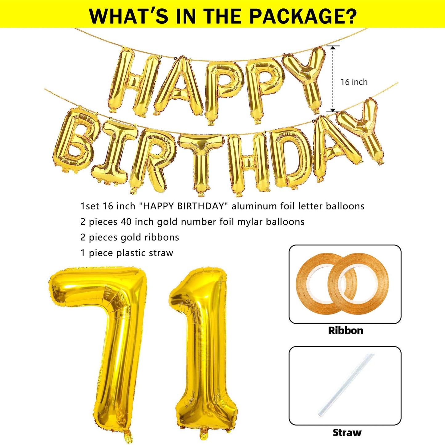SHUNTAI 71st Birthday Decorations - Gold Jumbo 71 Foil Mylar Balloons with Happy Birthday Banner for Men Women, Model SHUNTAI-N71