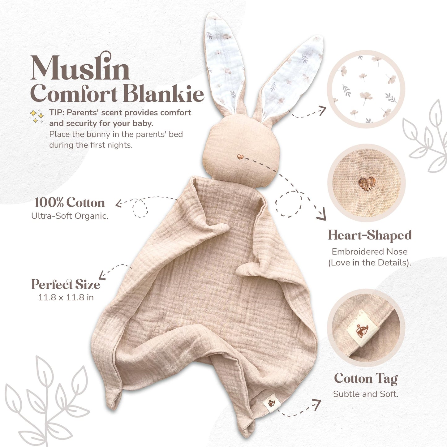 Mikito Organic Cotton Newborn Gift Box  Unisex Baby Gift Set incl. Muslin Lovey Comforter + Bandana Bib + Wooden Teether + Birth Announcement Sign
