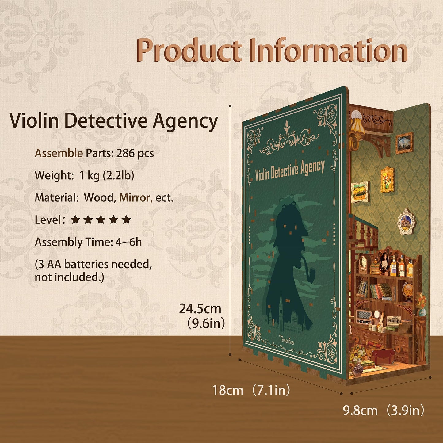 Tonecheer Diy Book Nook Kit For Adults, Wooden 3D Puzzle Bookend Bookshelf Insert Decor, Detective Booknook Miniature House Kit