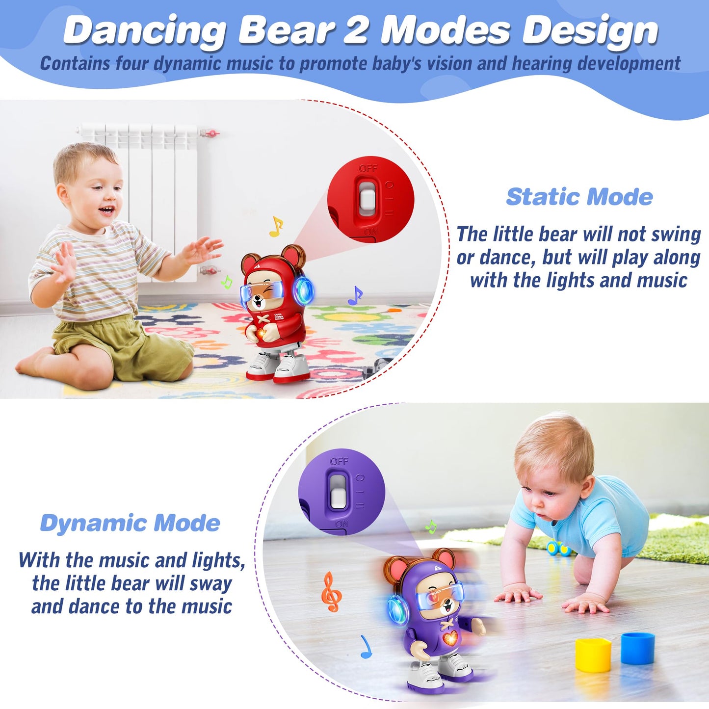 2 Pcs Dancing Bear Toys, Baby Dancing Moving Crawling Musical Toys Age 3-12 Months, with Light, Musical and Dancing, Birthday Gi