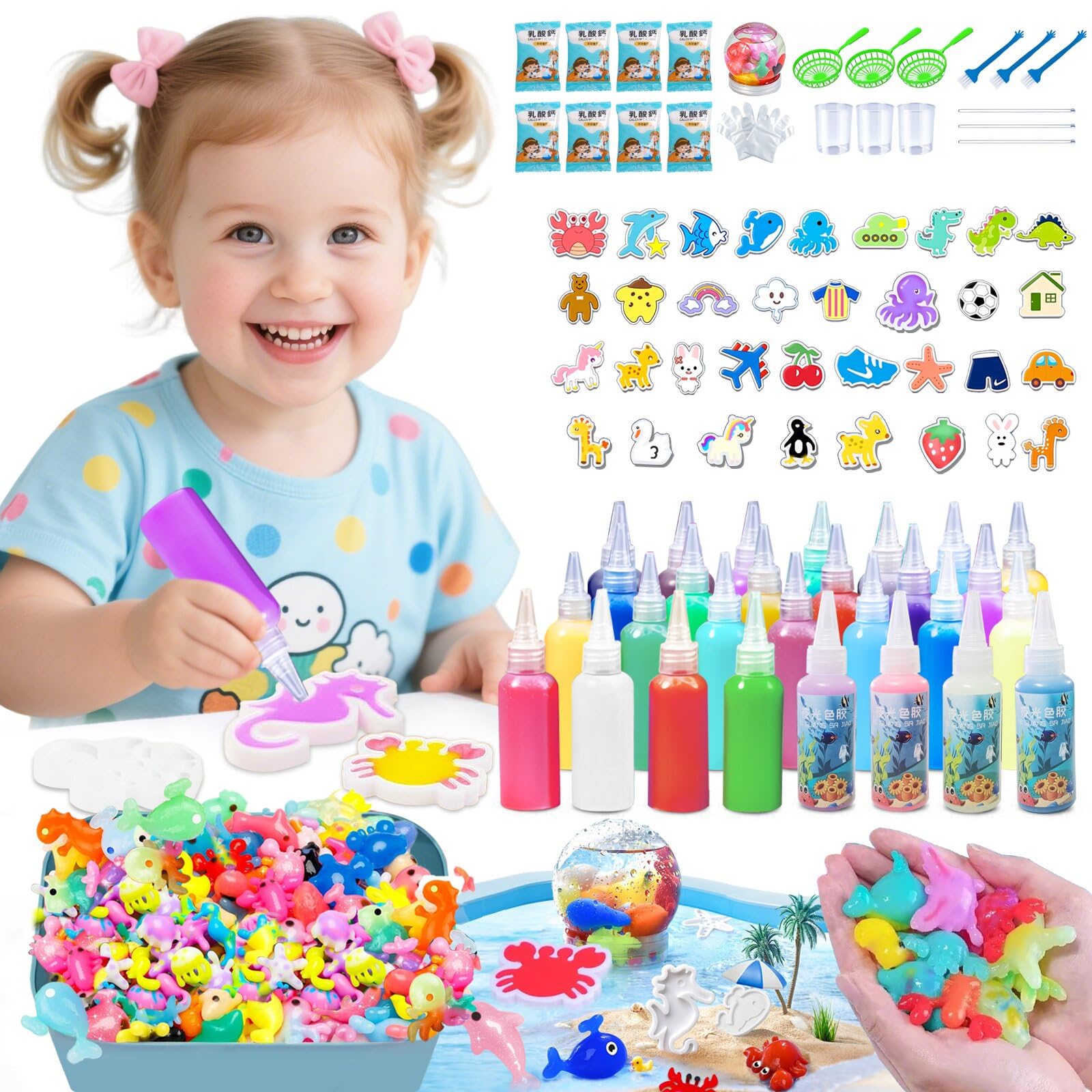 TSMJUWND Magic Water Elf Toy Kit, Aqua Fairy Water Gel Kit, Squishy Maker Kits with 33 Colors Magic Gels and 20 Shapes Molds Cra