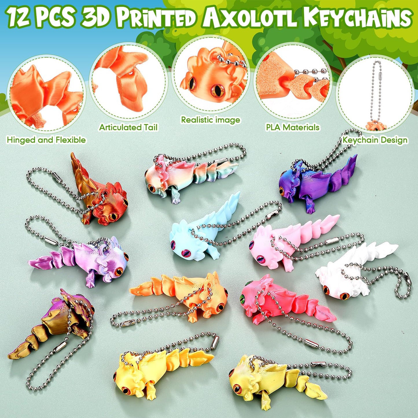 Honoson 12 Pcs 3D Printed Animal Keychains Bulk 3D Printed Small Animal Keychains Flexible Gift Articulating Pet Stress Relief f