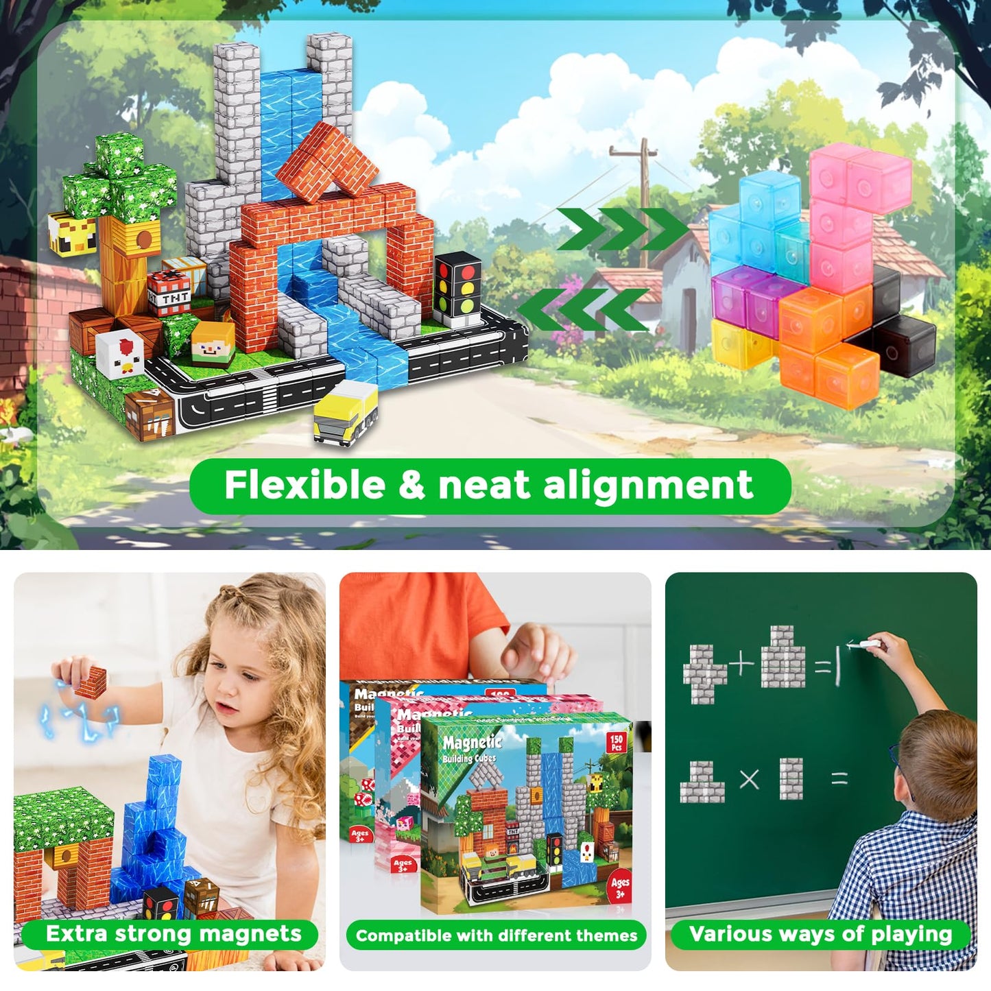 Magnetic Blocks - 150Pcs Magnetic Building Blocks Road Forest Magnetic Cubes - Magnetic Toys For Montessori Toddler Birthday Gif