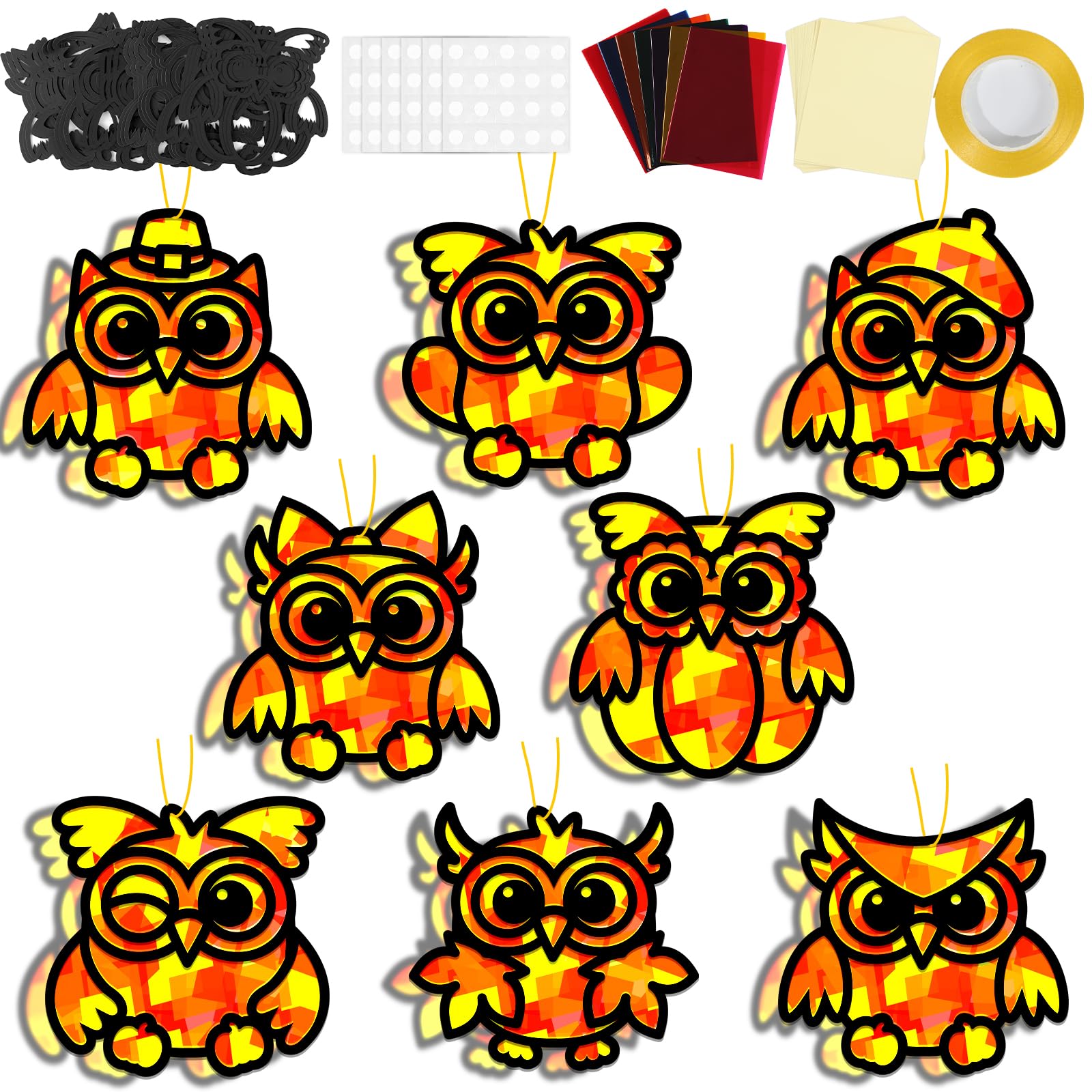 QOUBAI 32 Sets Fall Owl Suncatchers Craft Kit DIY Window Stained Glass Effect Autumn Owl Paper Crafts Home School Classroom Deco