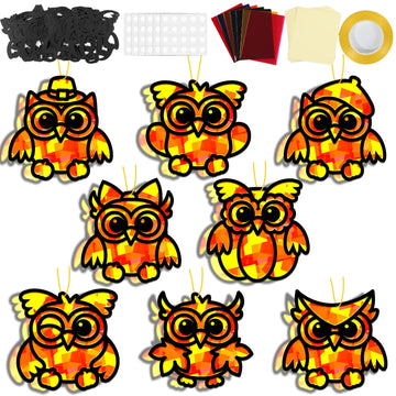 QOUBAI 32 Sets Fall Owl Suncatchers Craft Kit DIY Window Stained Glass Effect Autumn Owl Paper Crafts Home School Classroom Deco