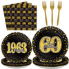 96Pcs 60Th Theme Birthday Party Tableware Vintage 1965 Party Supplies 60 Year Old Birthday Party Decorations Plates Napkins Forks Black And Gold Dinnerware Favors For Men Or Women